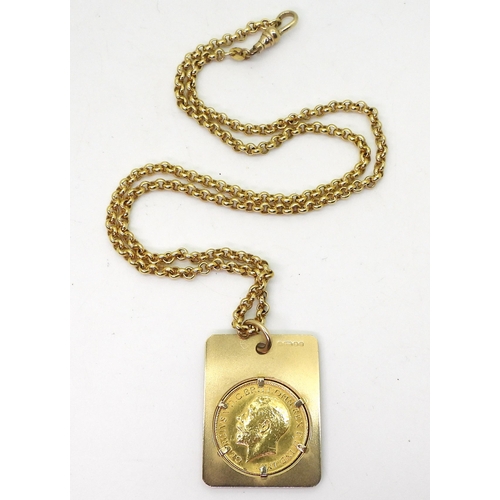 823 - A 1913 full gold sovereign in a 9ct gold pendant mount with a 9ct gold belcher chain. Weight togethe... 