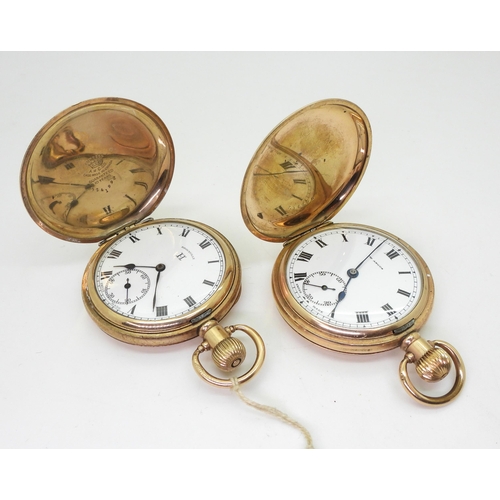 824 - Two gold plated full hunter pocket watches, one branded The Angus the other Brockville, both with mo... 