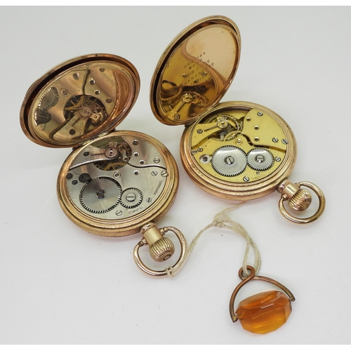 824 - Two gold plated full hunter pocket watches, one branded The Angus the other Brockville, both with mo... 