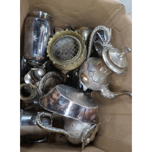 328 - A collection of EPNS and brass including tea sets, censers, chargers, salvers, cased cutlery etc