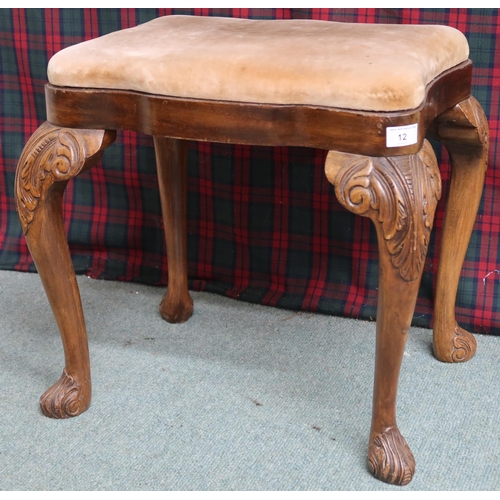 12 - A 20th century mahogany framed stool with velour seat on carved cabriole supports, 49cm high x 52cm ... 