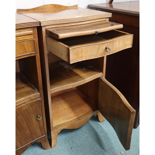 6 - A pair of 20th century serpentine front bedside cabinets with slides over single drawers and cabinet... 