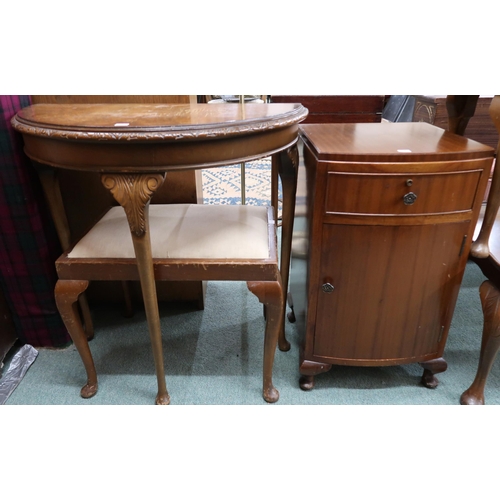 63 - A large mixed lot comprising demilune hall table, dressing stool, bedside cabinet, kidney shaped occ... 