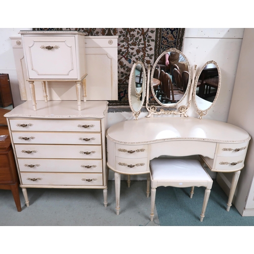 71 - A 20th century continental white painted bedroom suite consisting two door wardrobe, 173cm high x 12... 