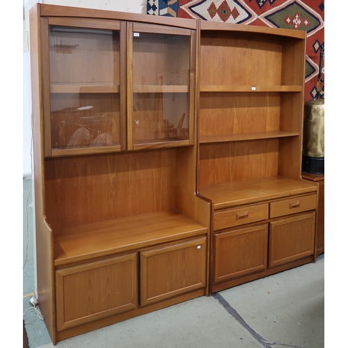 75 - A lot of two mid 20th century teak William Laurence wall units, first with two open shelves over pai... 