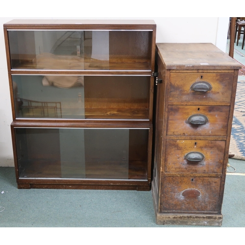 91 - A lot comprising mid 20th century stained teak sectional bookcase with glass sliding doors, 108cm hi... 