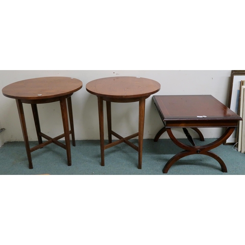 93 - A lot comprising pair of 20th century oak circular topped tables with chamfered supports joined by c... 