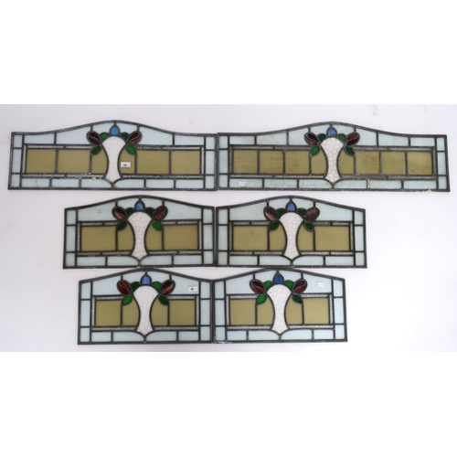 96 - A lot of six assorted sized leaded stained glass window panes largest, 30cm high x 91cm wide, next 3... 