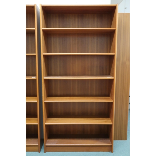 97 - A pair of contemporary veneered five shelf open bookcases, 181cm high x 89cm wide x30cm deep (2)