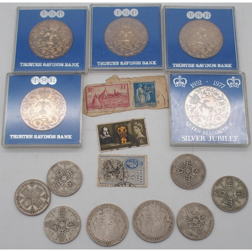 336 - GEORGE V half crown and one florin coins together with Elizabeth II silver jubilee crowns