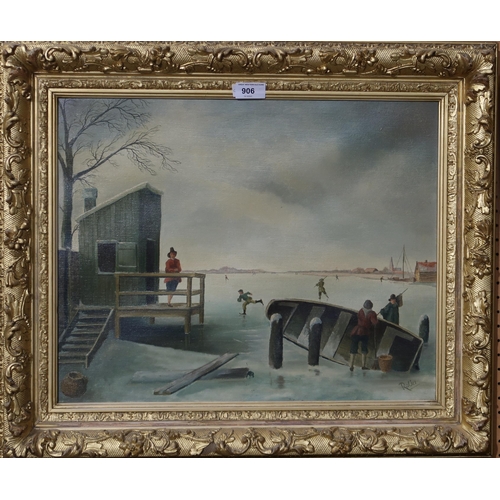 906 - ROLIN Figures skating on a frozen river, oil on canvas, 39 x 49cm