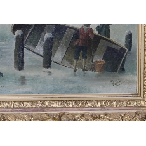 906 - ROLIN Figures skating on a frozen river, oil on canvas, 39 x 49cm