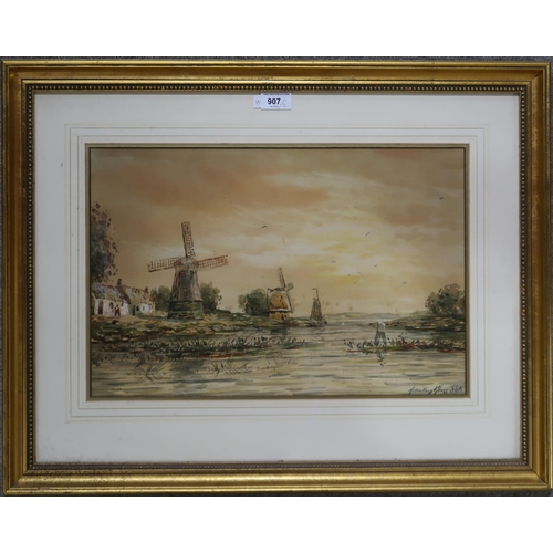 907 - JAMES HAMILTON GLASS Windmills and cottages, signed, watercolour, 31 x 47cm and a print AFTER FRAGON... 