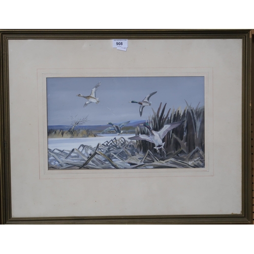 908 - ROLAND BOOKER Ducks in flight, signed, gouache, dated, 1931 23 x 40cm