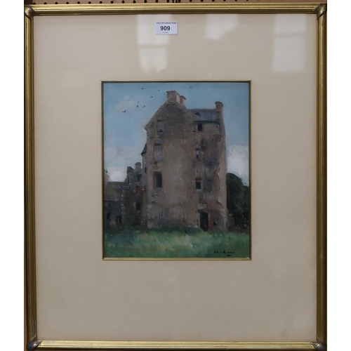 909 - ANDREW LAW  Old Auchens Castle, signed, oil on board, 30 x 25cm