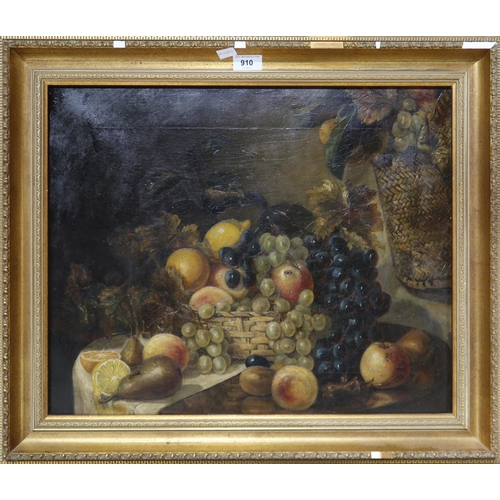 910 - CONTINENTAL SCHOOL Mixed fruit in a basket, oil on canvas, 44 x 54cm