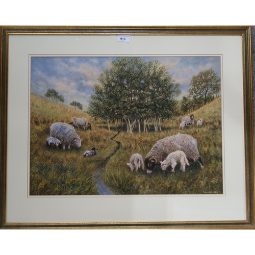 913 - KENNETH LEECH Sheep with lambs, before trees, signed,gouache 44 x x60cm