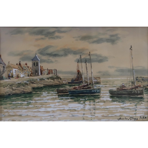 914 - JAMES HAMILTON GLASS East Coast village and Kirkcaldy fishing boats, signed, watercolour, 22 x ... 