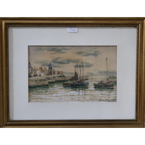 914 - JAMES HAMILTON GLASS East Coast village and Kirkcaldy fishing boats, signed, watercolour, 22 x ... 