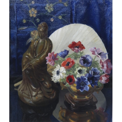 915 - P.E.WALTERS Still life with buddha,mixed flowers in a bowl and fan, signed, oil on board, 46 x 40cm... 