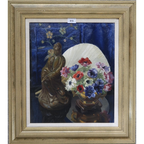 915 - P.E.WALTERS Still life with buddha,mixed flowers in a bowl and fan, signed, oil on board, 46 x 40cm... 