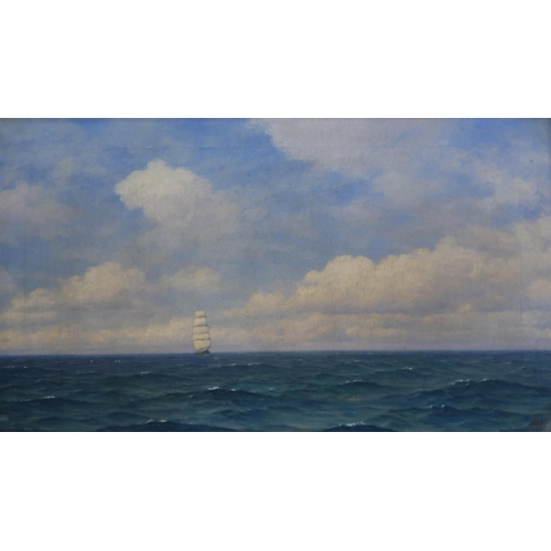 919 - SCOTTISH SCHOOL Clipper on the horizon, monogrammed, oil on canvas, 34 x 60cm