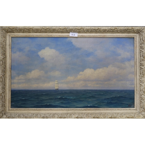 919 - SCOTTISH SCHOOL Clipper on the horizon, monogrammed, oil on canvas, 34 x 60cm