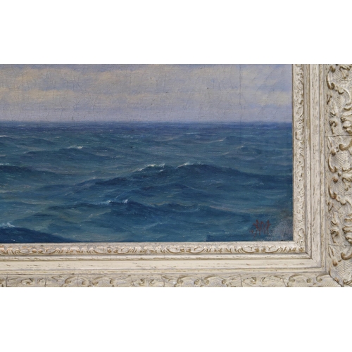 919 - SCOTTISH SCHOOL Clipper on the horizon, monogrammed, oil on canvas, 34 x 60cm