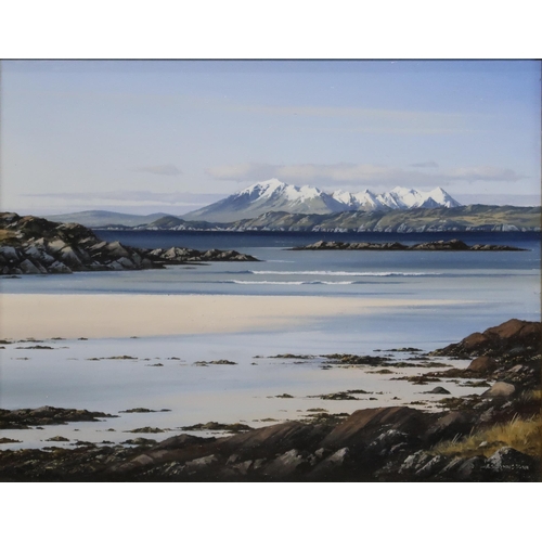 922 - IAN S JOHNSTONE Towards the Cuillins from Arisaig, signed, acrylic on board, 19 x 23cm... 