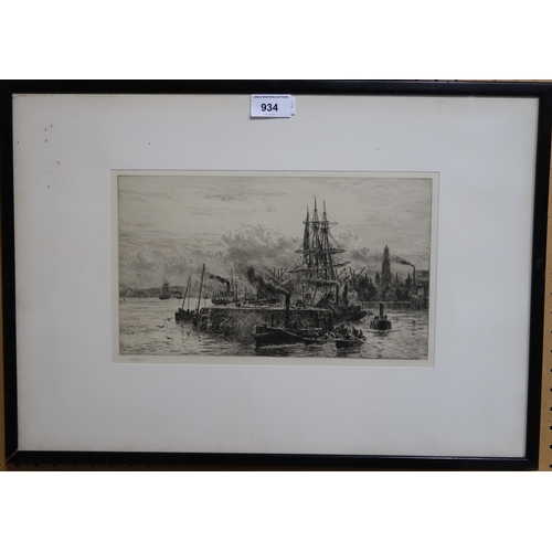 934 - WILLIAM LIONEL WYLLIE R.A Greenock, signed, etching, 19 x 31cm