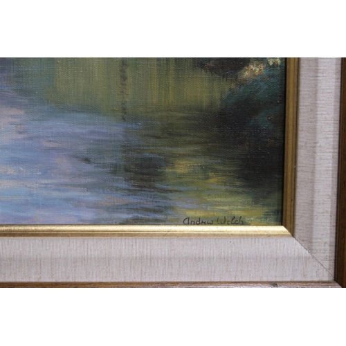 938 - ANDREW WELCH (SCOTTISH b.1947), Tranquility, the meickle burn, oil on canvas, signed lower right, 39... 