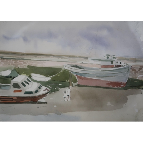 979 - DELNY GOALEN (SCOTTISH 1932-2023) BOATS AT THE HORIZON  Oil on canvas, signed lower r... 