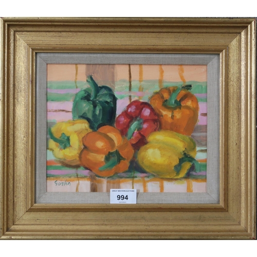 994 - DELNY GOALEN (SCOTTISH 1932-2023) CAPSICUMS Oil on board, signed lower left, 19 x 23cm&nbs... 