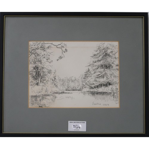 984 - WILLIAM CROSBIE (SCOTTISH 1915-1999) RIVERSCAPE Ink on paper, signed lower right, dated (1... 