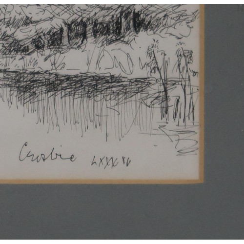 984 - WILLIAM CROSBIE (SCOTTISH 1915-1999) RIVERSCAPE Ink on paper, signed lower right, dated (1... 