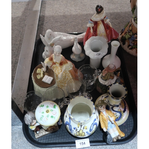 154 - Two Royal Doulton figures, a pair of Mary Gregory cranberry bottles and other items