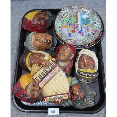 155 - A Derby plate, a Canton plate and a collection of Bossons plaster heads,