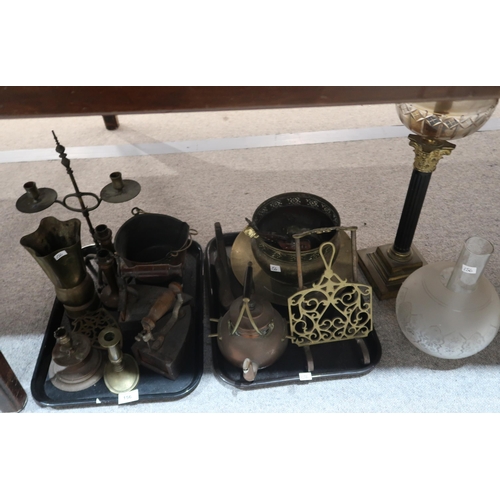 156 - A brass oil lamp of column form, assorted brass including a trivet, irons, etc