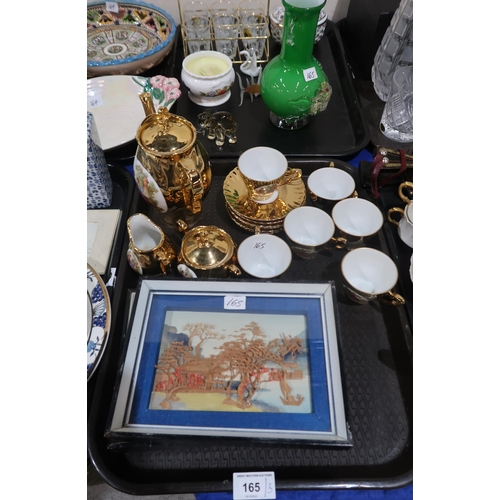 165 - A gilt coffee set, assorted crystal, a pair of cork pictures and other items