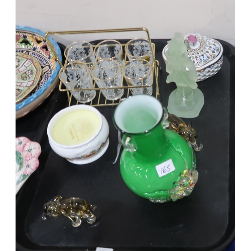 165 - A gilt coffee set, assorted crystal, a pair of cork pictures and other items