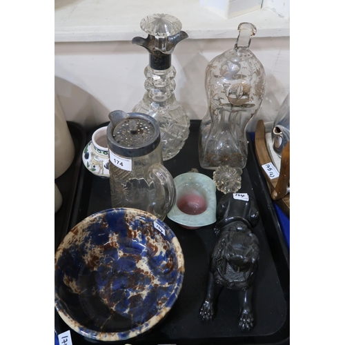 174 - A spelter Sphinx, an hour glass decanter (af), other glassware and ceramics etc