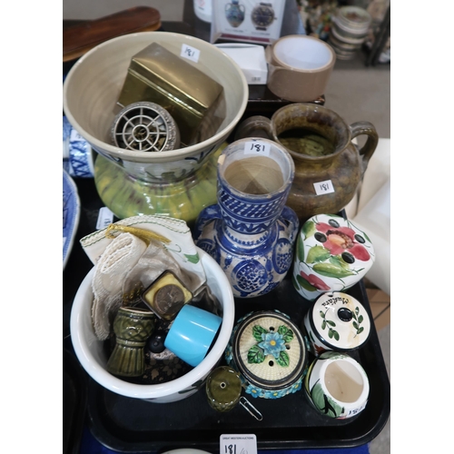 181 - A Carlton Ware pot and cover, a printers block, Glasgow jugs, assorted blue and white transfer print... 