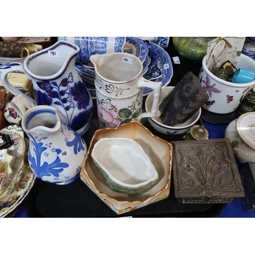 181 - A Carlton Ware pot and cover, a printers block, Glasgow jugs, assorted blue and white transfer print... 