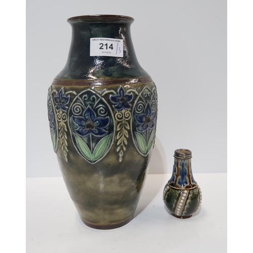 214 - A Royal Doulton tube lined vase decorated with flowers, a miniature Doulton vase and a pottery oil l... 