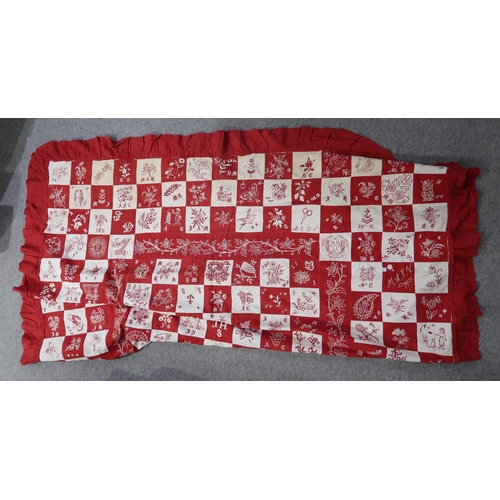 229 - A large red and white patchwork and embroidered quilt, with connections to Lanark and Kirkfieldbank,... 