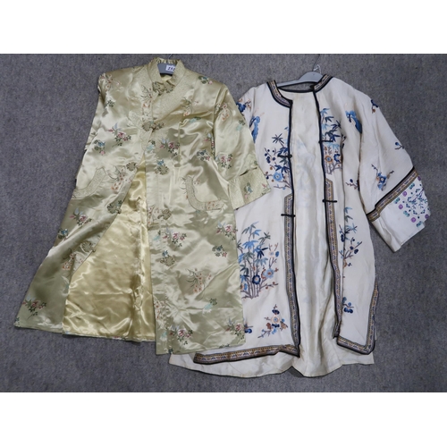 232 - Assorted ostrich fans, embroidered two piece trouser and top set, silk house coat and a Chinese embr... 