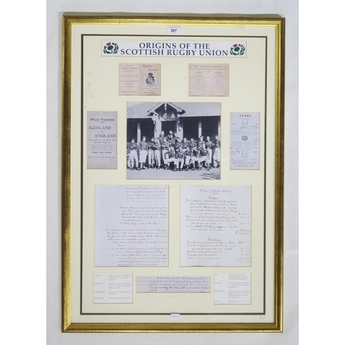 387 - A framed photographic and documentary display titled Origins of the Scottish Rugby Union, no. 56 of ... 