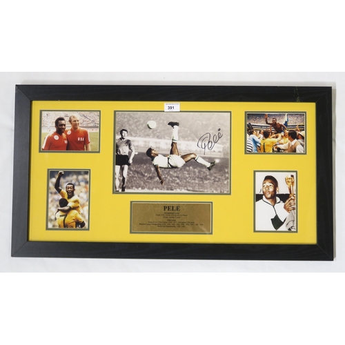 391 - Pele: a framed photographic display signed by the great footballer in black felt tip, with accompany... 