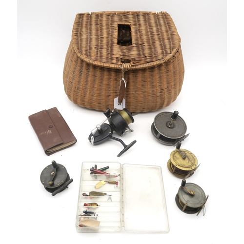 392 - Fishing tackle, comprising a wicker creel, four various reels to include Millbro and Pridex by J.W. ... 