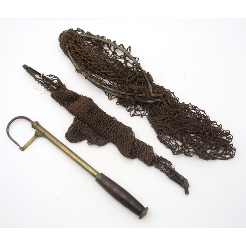 410 - Fishing tackle, comprising wicker creel, brass telescopic gaff with turned wood handle, two collapsi... 